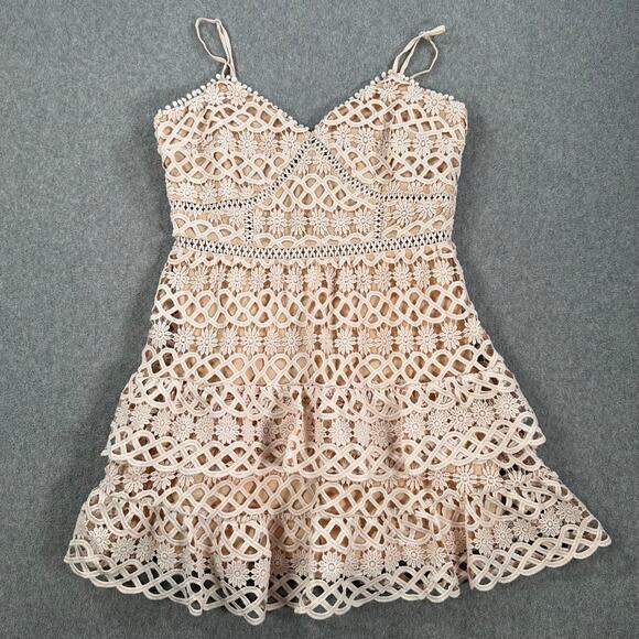 Lulus Lace Overlay Mini Dress Women's Medium Beige Tiered Ruffle Sleeveless - Picture 1 of 10